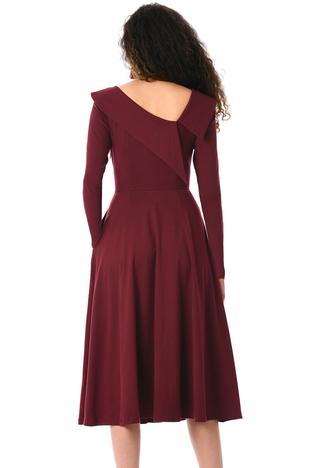 BY610388-3 Burgundy Retro Inspired Asymmetric Collar Flared Dress